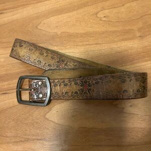 Floral Embossed Brown Leather Belt